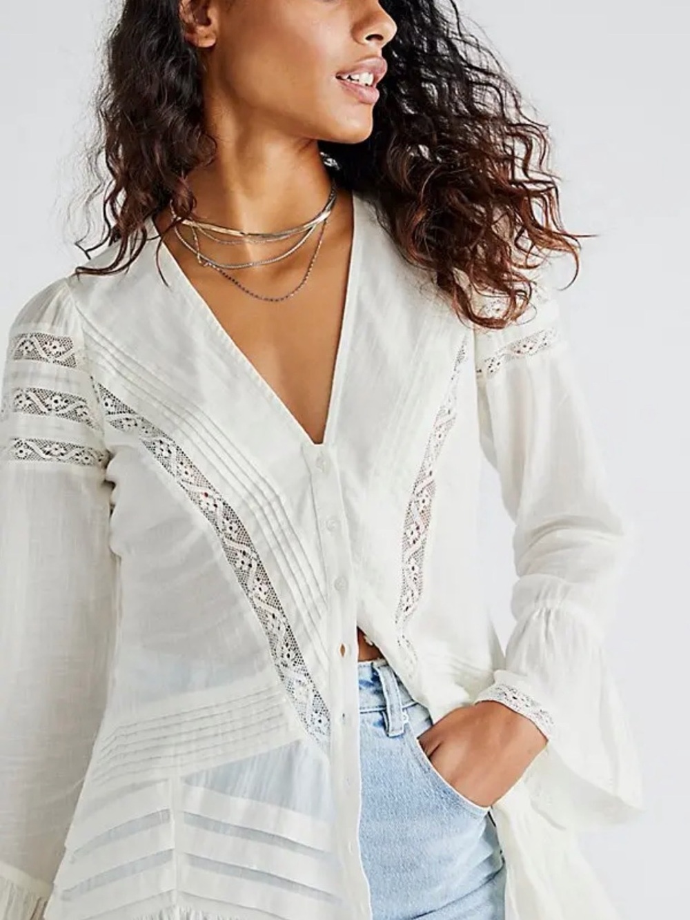 Free People Ivory Lace-Trim V-Neck Tunic